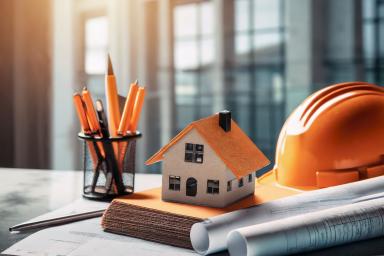 Casque, plan de chantier, maison et crayon