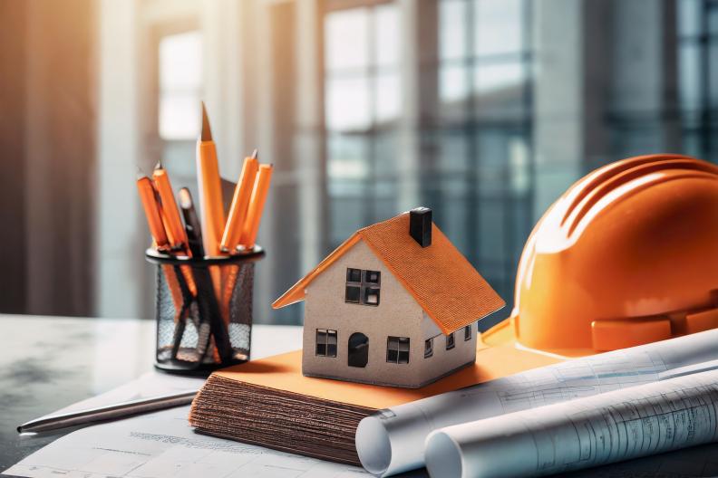 Casque, plan de chantier, maison et crayon - Agrandir l'image, fenêtre modale